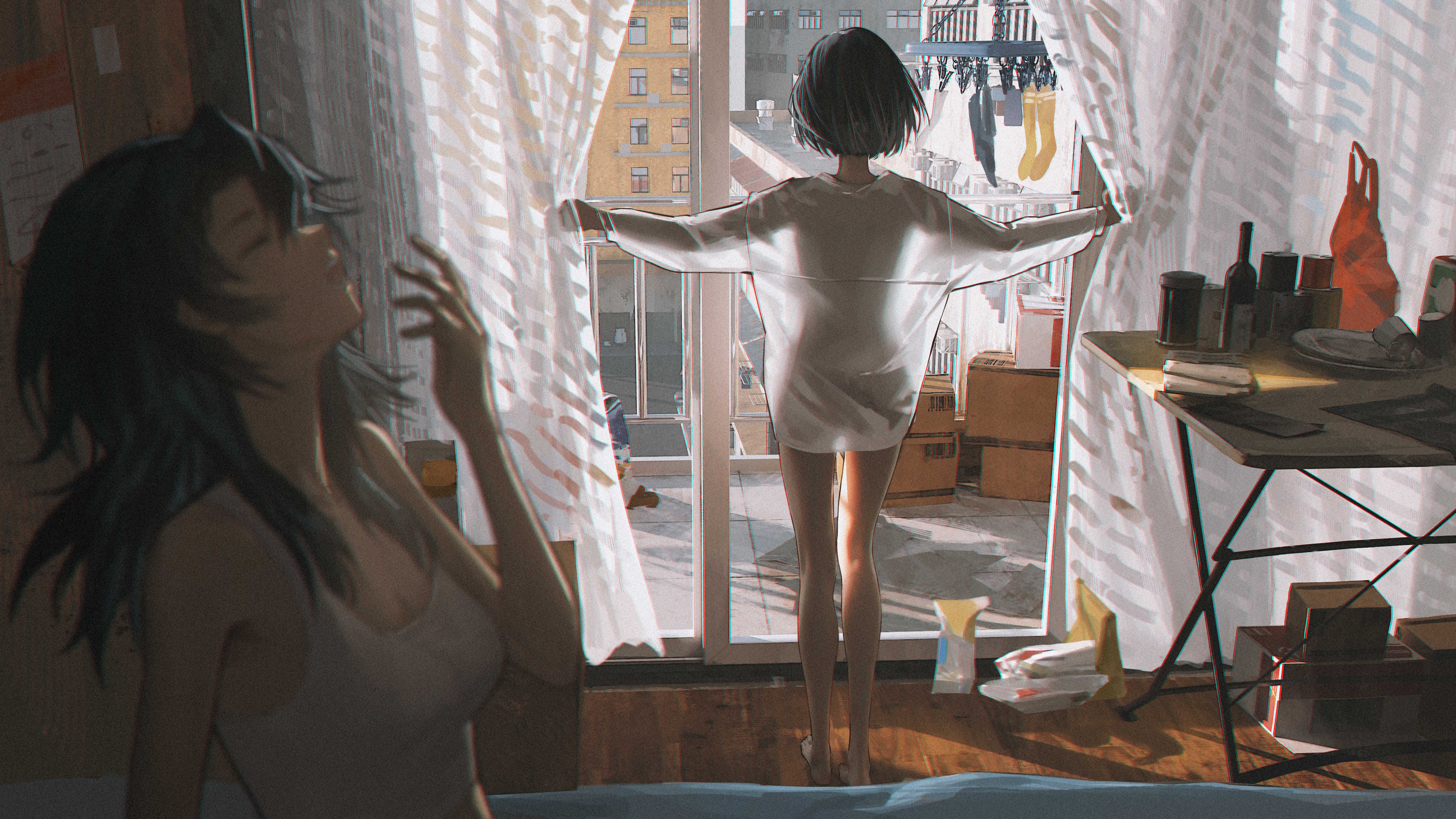 刚起床穿着睡衣,身材苗条的美少女