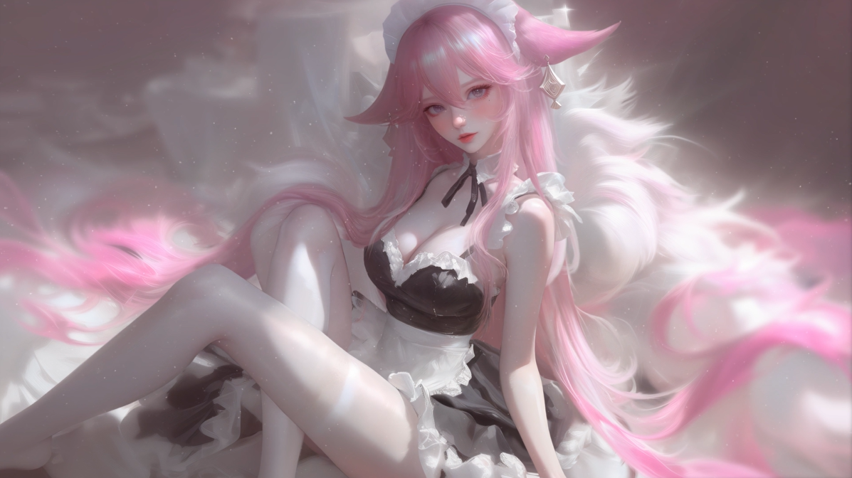 女仆装,粉红色长发长腿美少女