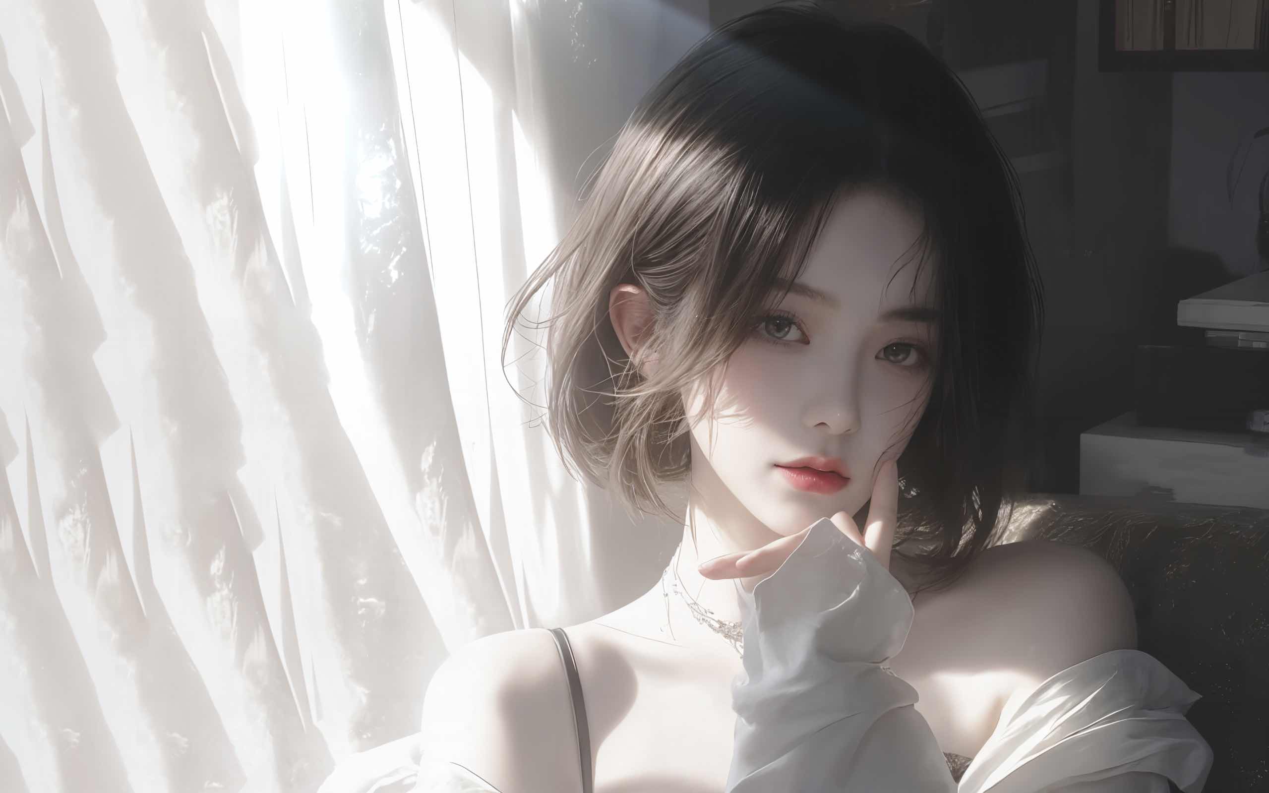 短发美女,露肩吊带
