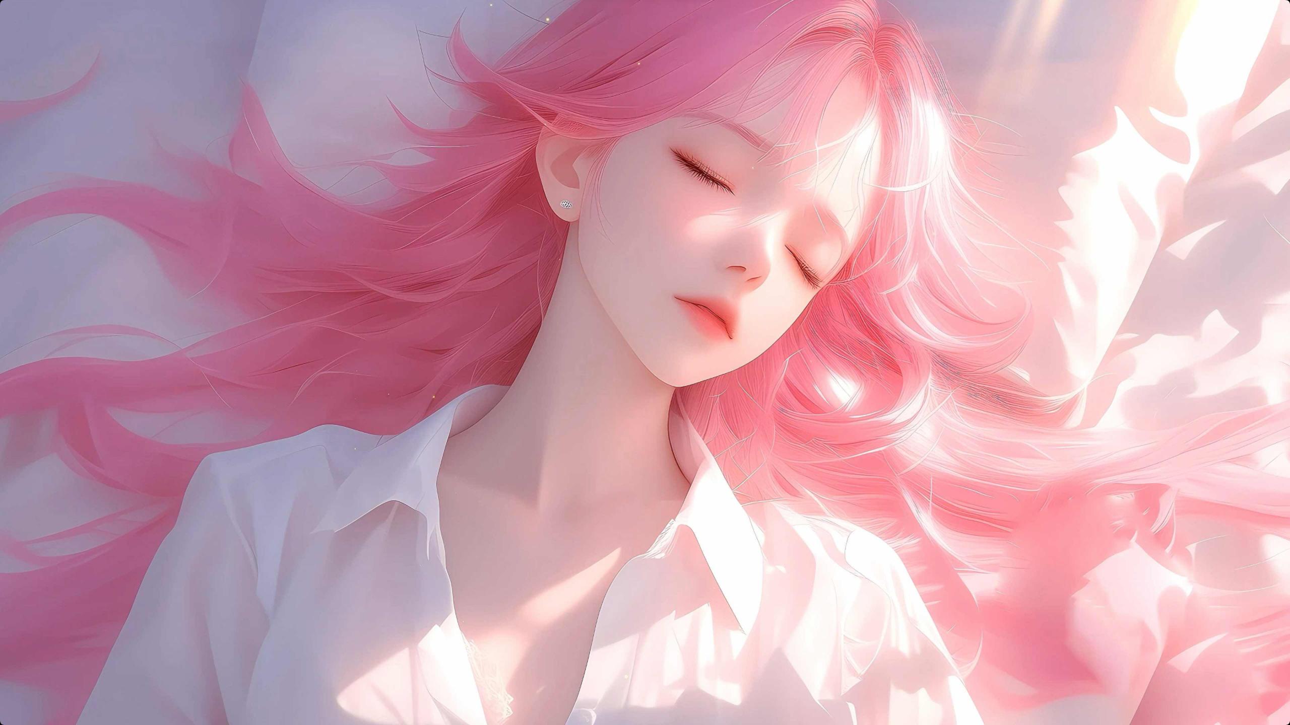 粉红色长发美少女,躺在床上沐浴阳光
